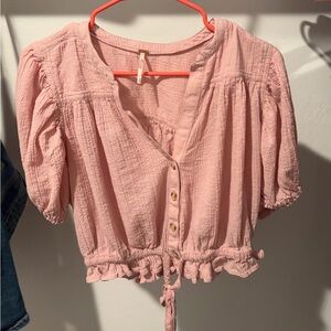 Free People Dusty Rose Button-Front Cropped Peasant Blouse